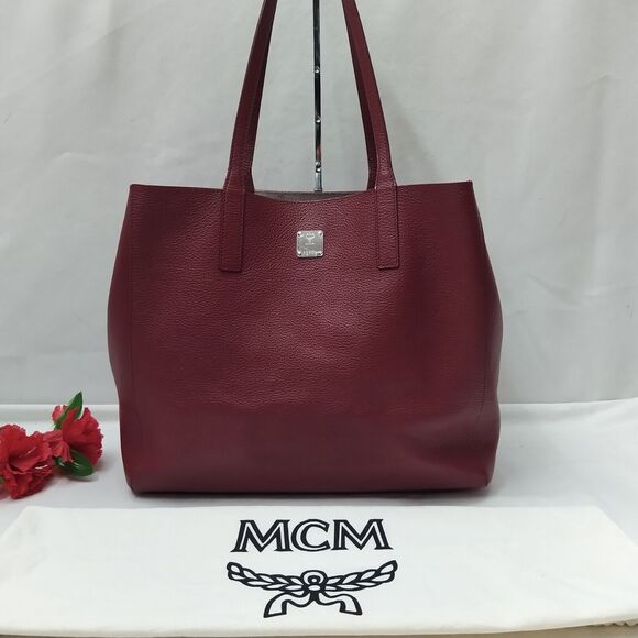 MCM Wandel Red Ruby Tan Leather Reversible Double Handle Shopper Tote Bag - Picture 2 of 16